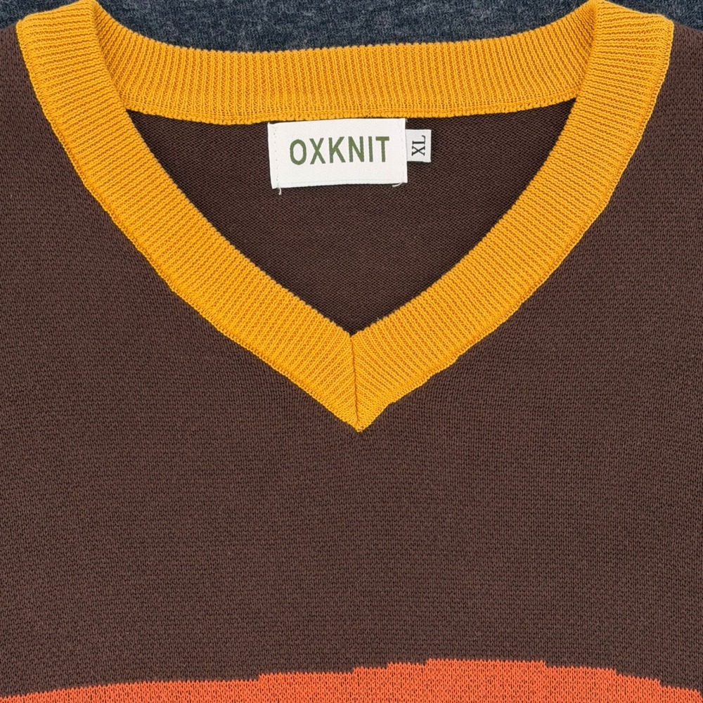 OXKNIT Short Sleeve Sweater Mens XL Brown Orange Stripe Retro Excellent - Picture 5 of 8